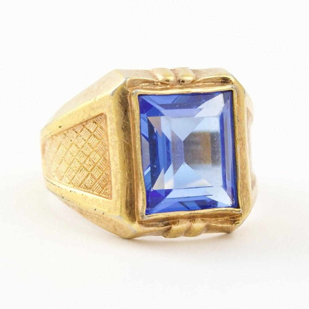 Vintage Blue Glass Gold Plated Ring Men’s Size 10.5 Rectangle Retro Biker Style